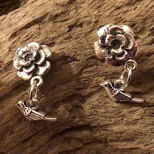 925 silver plated rose flowers bird’s earrings studs new handmade spring summer